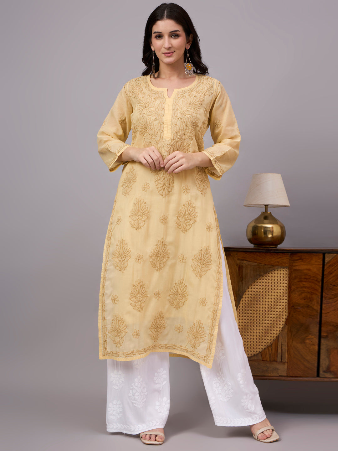 Women's Cotton Straight Kurti with authentic handcrafted Chikankari embroidery and soft inner lining, designed for comfortable regular wear, office wear, and casual ethnic styling.