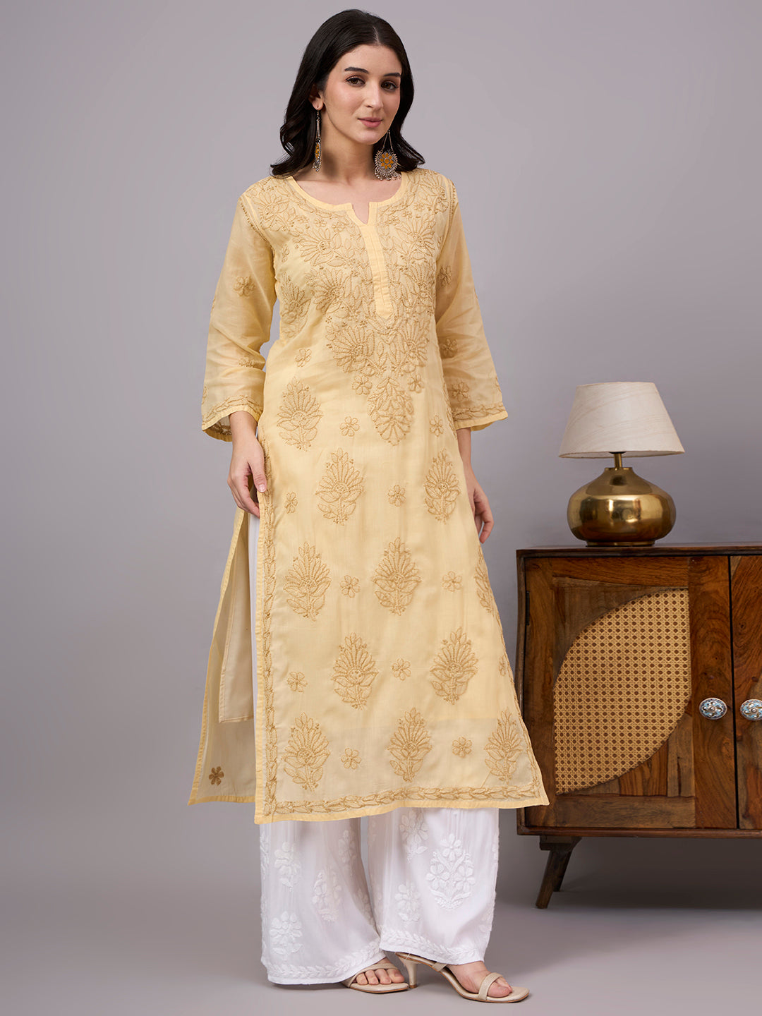 Traditional Cotton kurta with inner featuring artisan-crafted Chikankari embroidery, straight-cut design, and lightweight comfort for modern ethnic wardrobes.