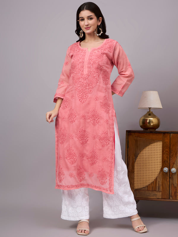 Traditional Cotton Straight Kurti featuring authentic handcrafted Chikankari work, soft cotton inner, and timeless ethnic elegance for women.