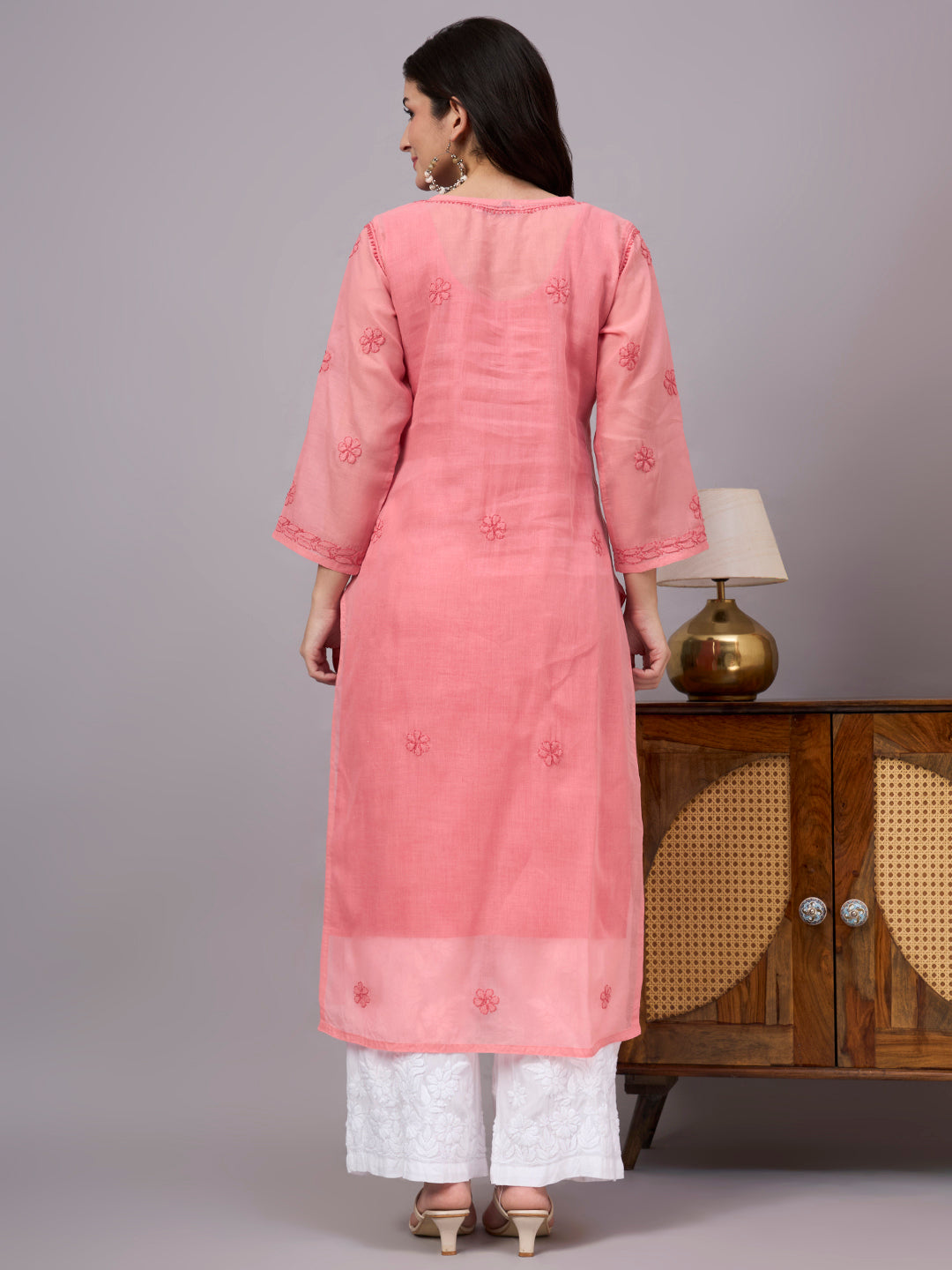 Women's Cotton kurta with inner crafted by skilled artisans using traditional Lucknow Chikankari embroidery, offering breathable comfort and sophisticated ethnic styling.