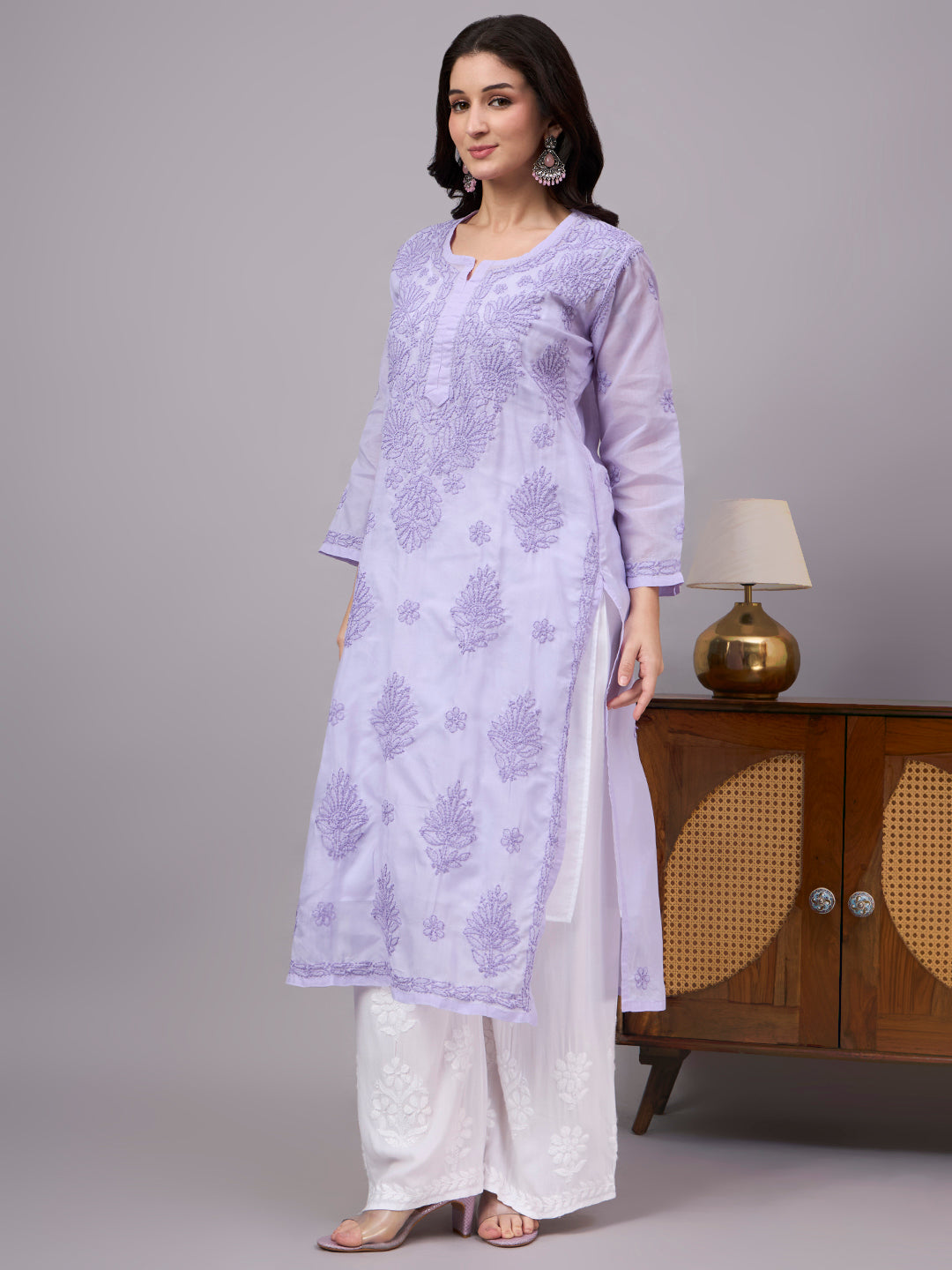 Women's ethnic Cotton kurta with inner featuring authentic Lucknow Chikankari craftsmanship, elegant embroidery, and breathable cotton for effortless everyday style.