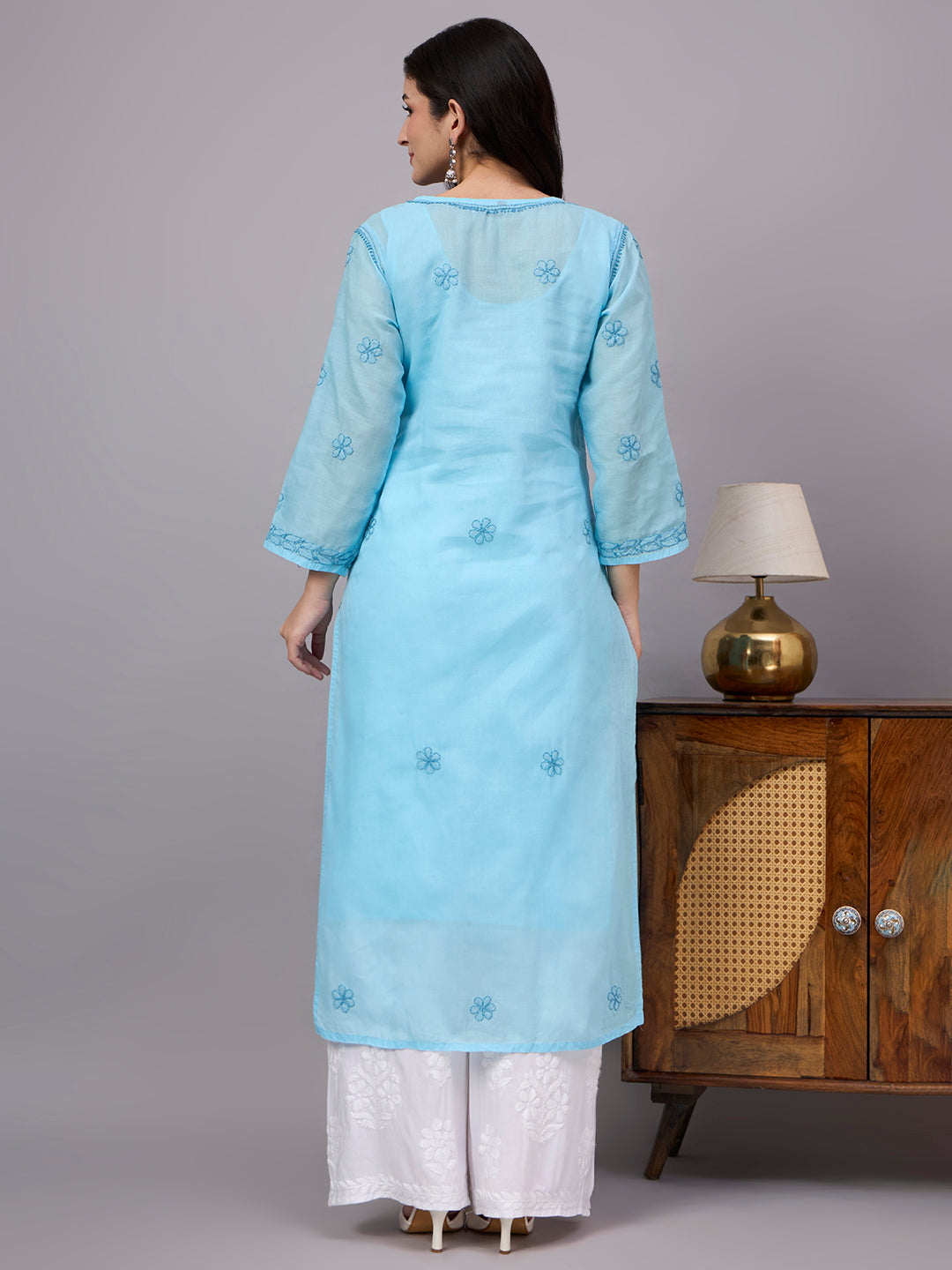 Women's ethnic Cotton kurta with inner featuring authentic Lucknow Chikankari craftsmanship, elegant embroidery, and breathable cotton for effortless everyday style.