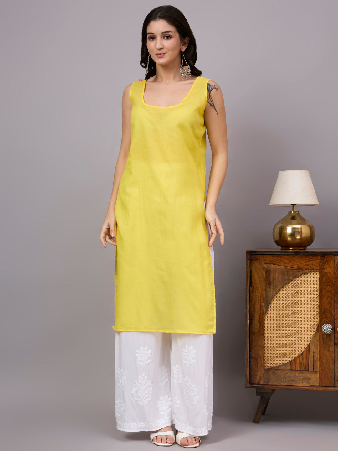 Women's ethnic Cotton kurta with inner featuring authentic Lucknow Chikankari craftsmanship, elegant embroidery, and breathable cotton for effortless everyday style.