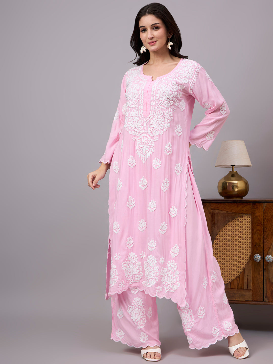 Women's Modal Straight Kurti Palazzo Set featuring authentic handcrafted Chikankari embroidery with a matching palazzo, designed for comfortable regular wear and elegant ethnic styling.