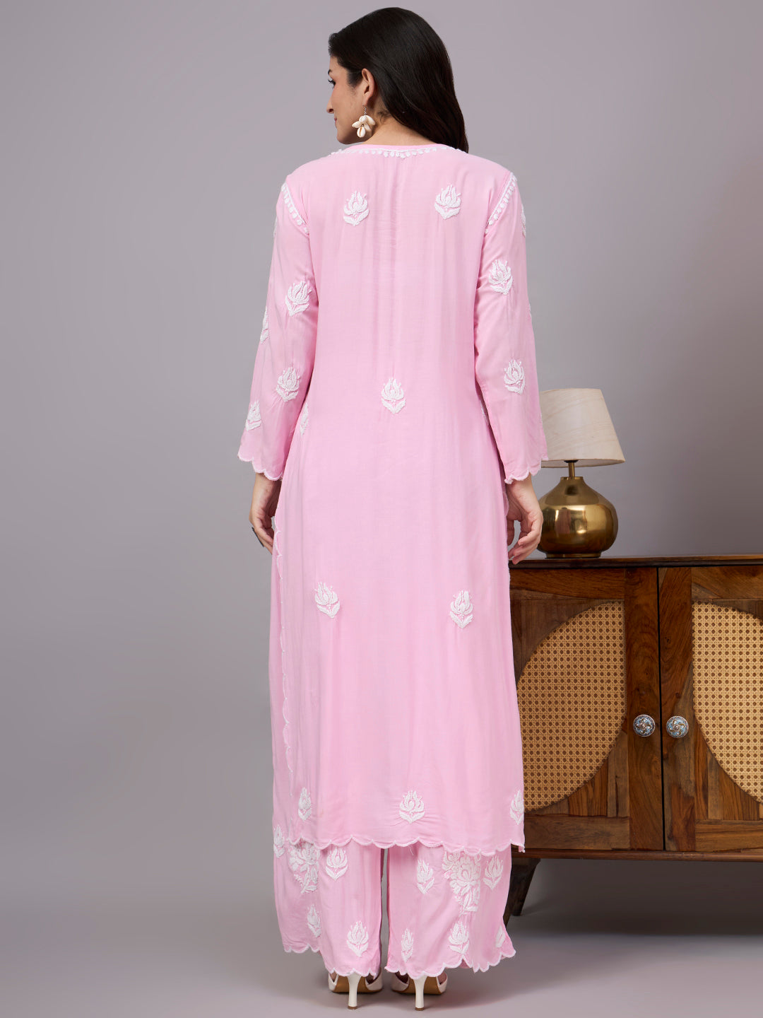 Handcrafted Modal Straight Kurti Palazzo Set for women featuring traditional Lucknow Chikankari embroidery, breathable fabric, and graceful everyday comfort.
