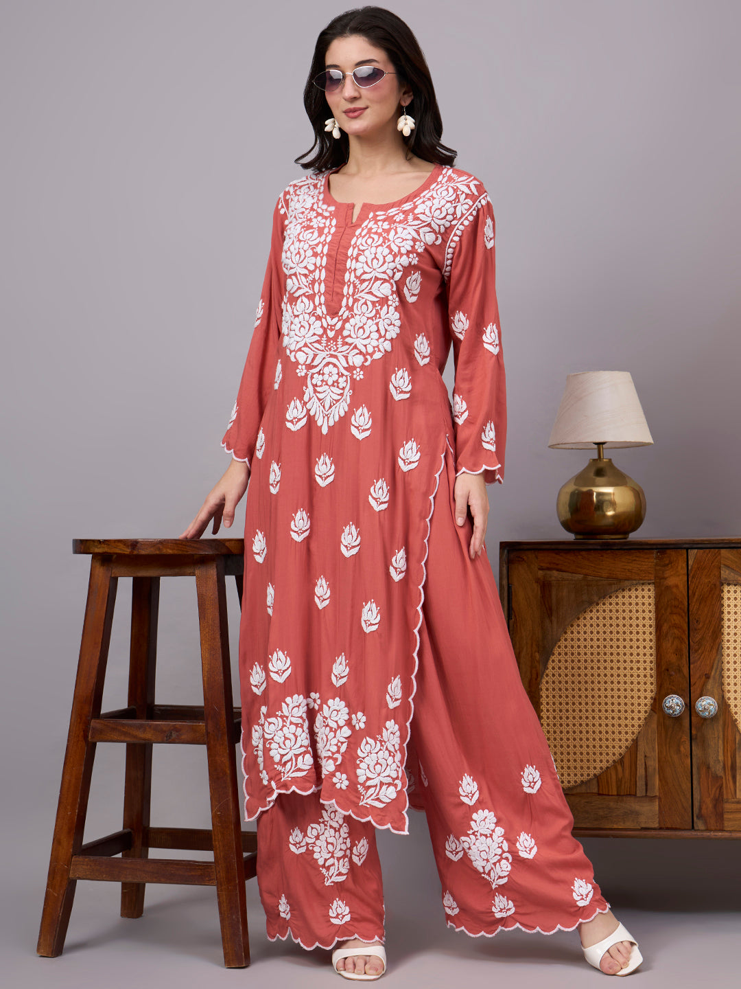 Women's Modal Straight Kurti Palazzo Set featuring authentic handcrafted Chikankari embroidery with a matching palazzo, designed for comfortable regular wear and elegant ethnic styling.