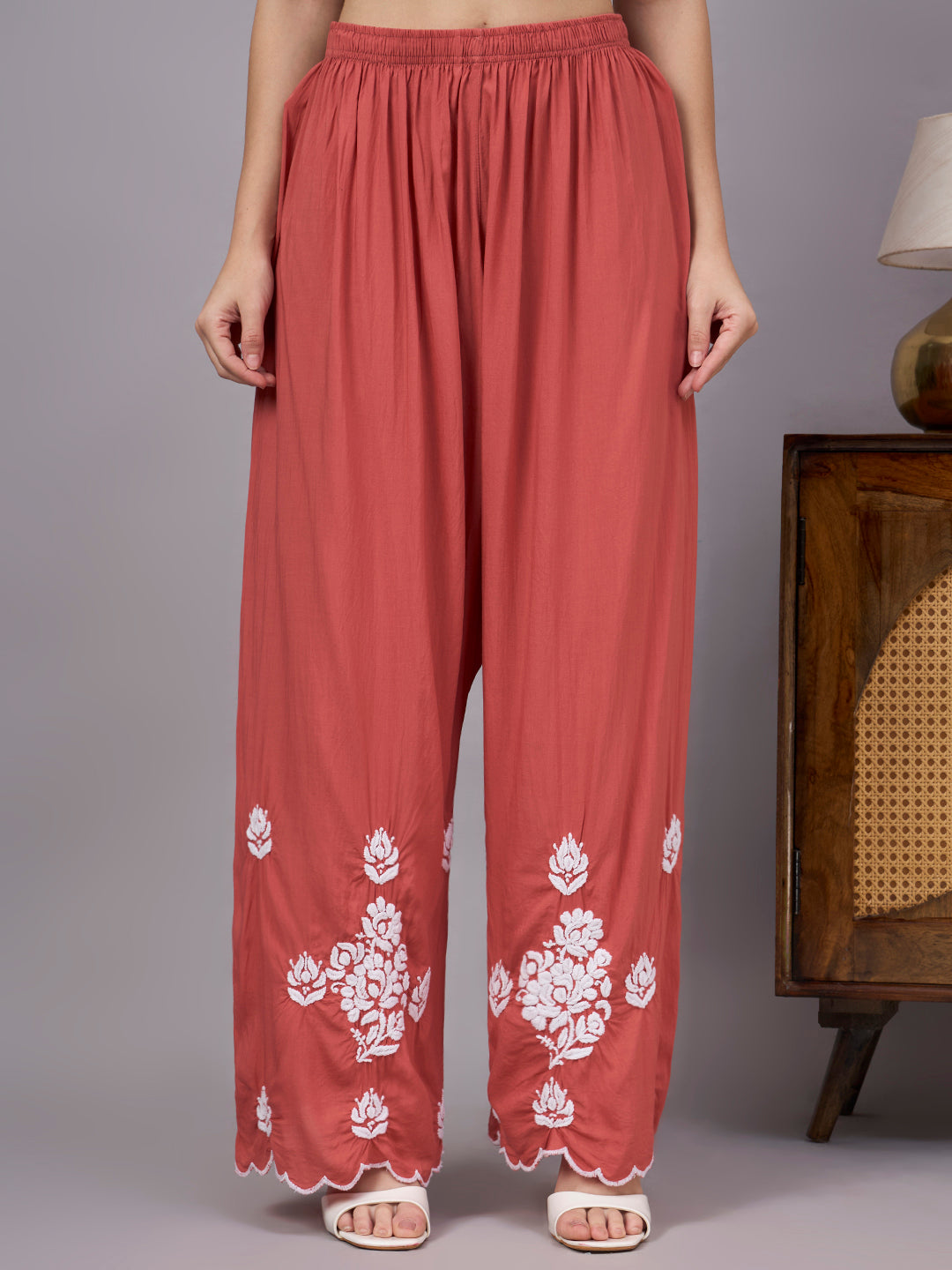 Premium Modal Straight Kurti Palazzo Set with traditional Chikankari craftsmanship, lightweight fabric, and matching palazzo for office and casual occasions.