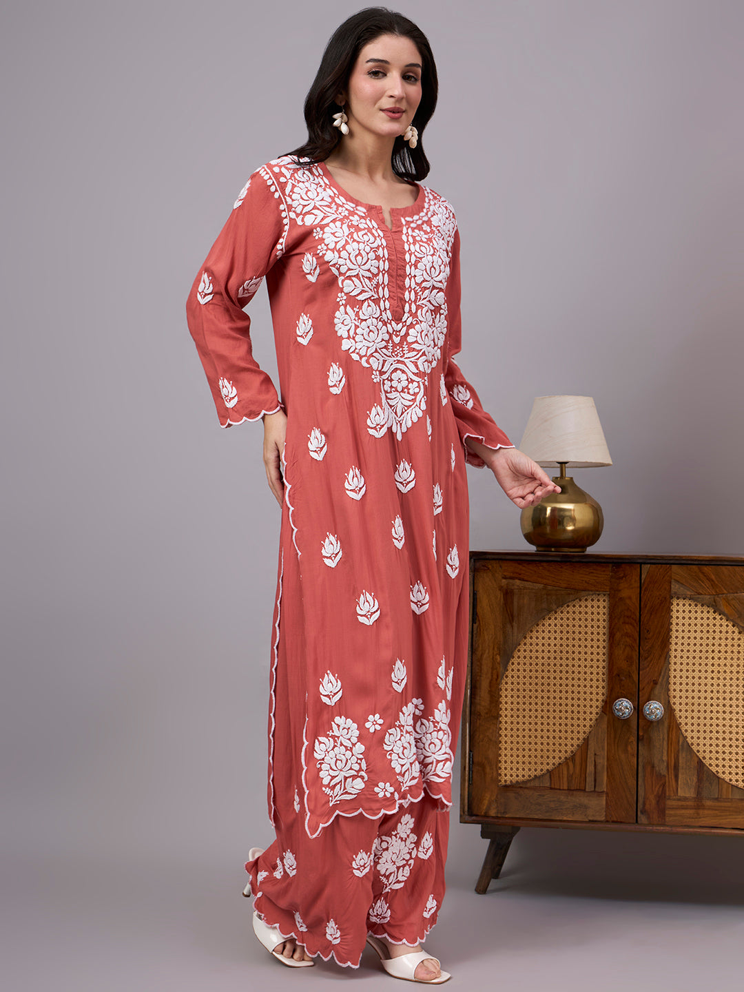 Authentic Chikankari Kurta Set featuring detailed handcrafted floral embroidery, premium modal fabric, and comfortable straight-fit styling for all-day elegance.