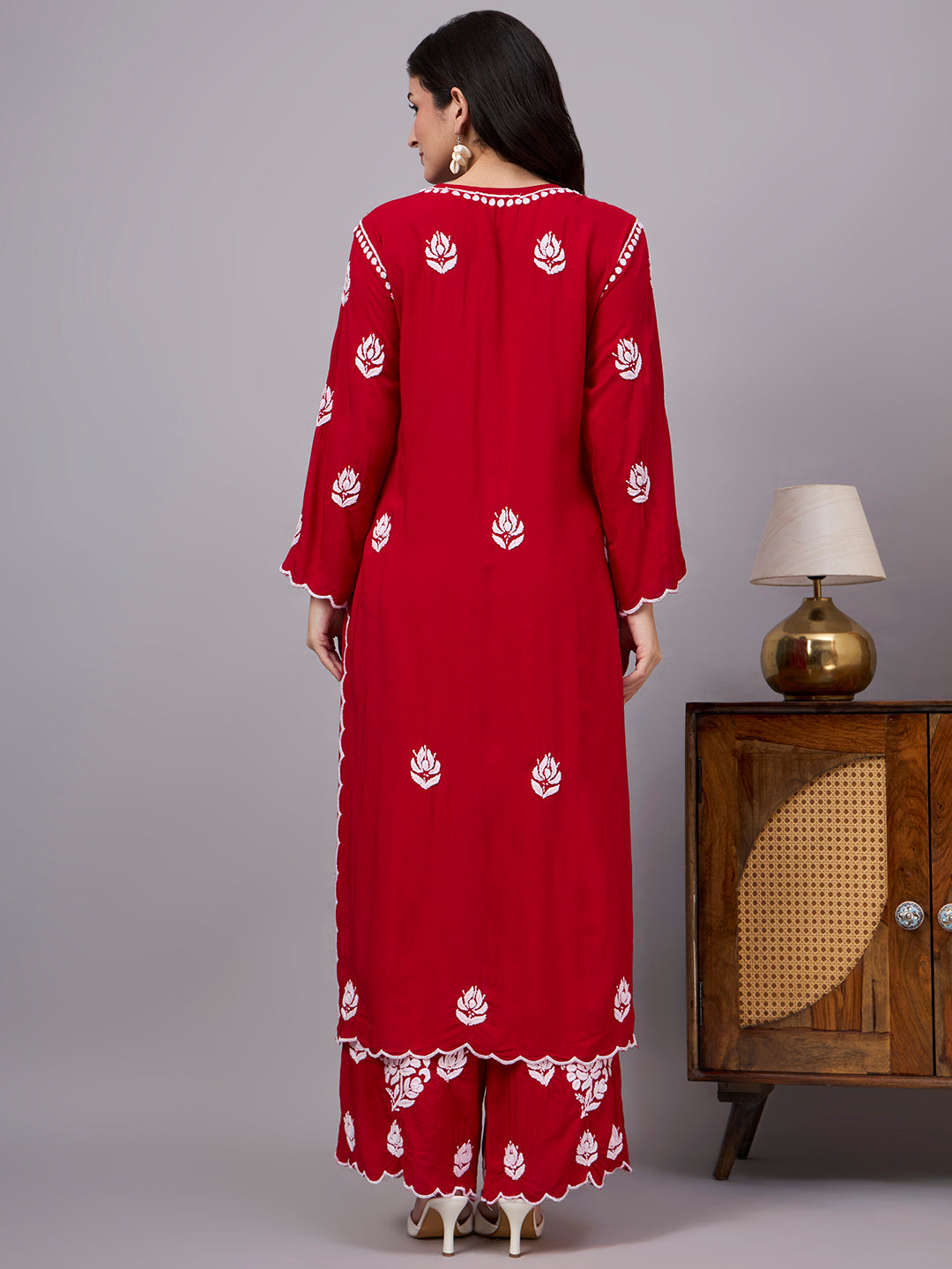 Najat Modal Chikankari Kurti Palazzo Set - Red