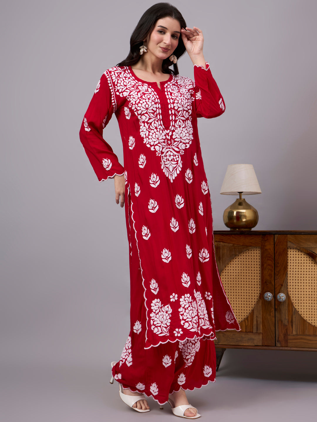 Handcrafted Modal Straight Kurti Palazzo Set for women featuring traditional Lucknow Chikankari embroidery, breathable fabric, and graceful everyday comfort.