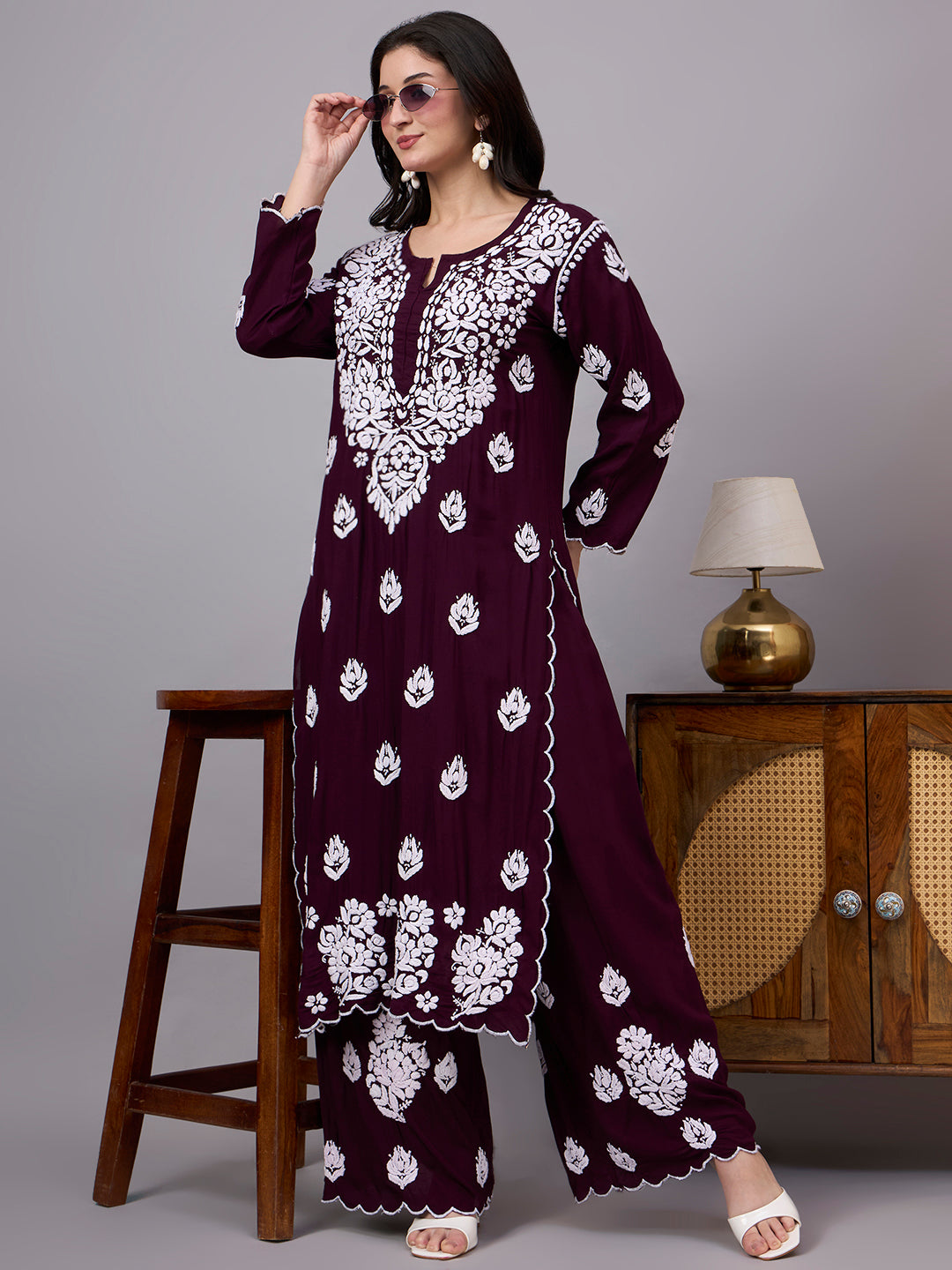 Premium Modal Straight Kurti Palazzo Set with traditional Chikankari craftsmanship, lightweight fabric, and matching palazzo for office and casual occasions.
