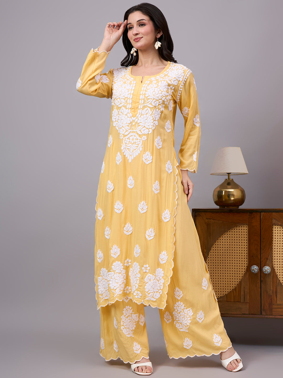 Women's Modal Straight Kurti Palazzo Set featuring authentic Chikankari artistry, breathable comfort, and a timeless design suitable for work, travel, and celebrations.
