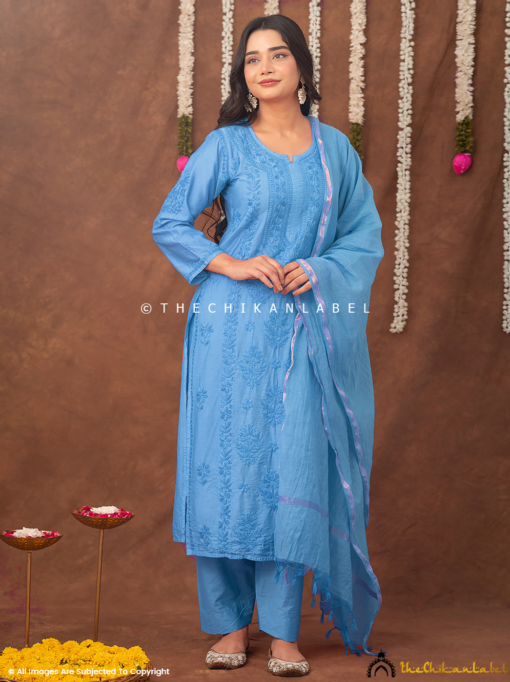 Navika Chanderi Chikankari Kurta Set with Dupatta - Blue