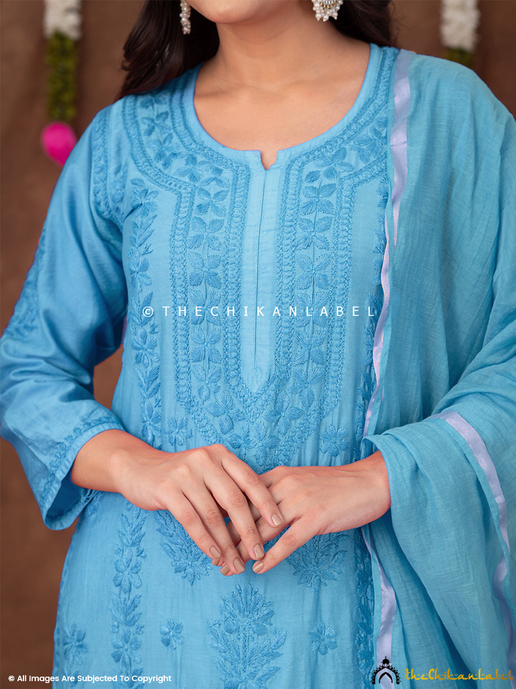 Navika Chanderi Chikankari Kurta Set with Dupatta - Blue