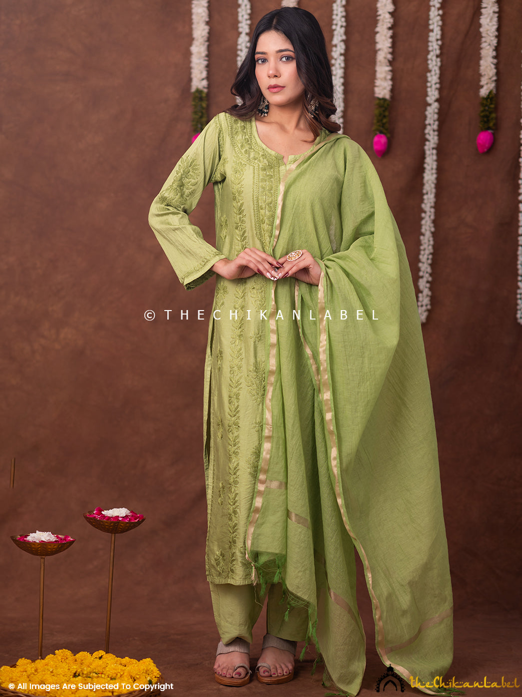 Navika Chanderi Chikankari Kurta Set with Dupatta - Green