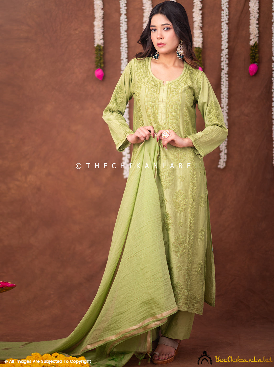 Navika Chanderi Chikankari Kurta Set with Dupatta - Green