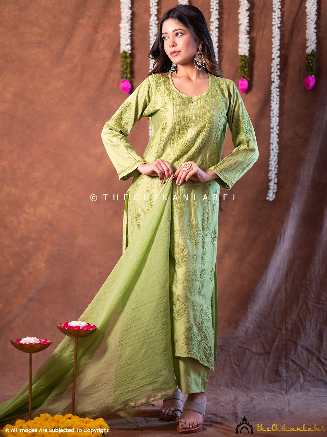 Navika Chanderi Chikankari Kurta Set with Dupatta - Green
