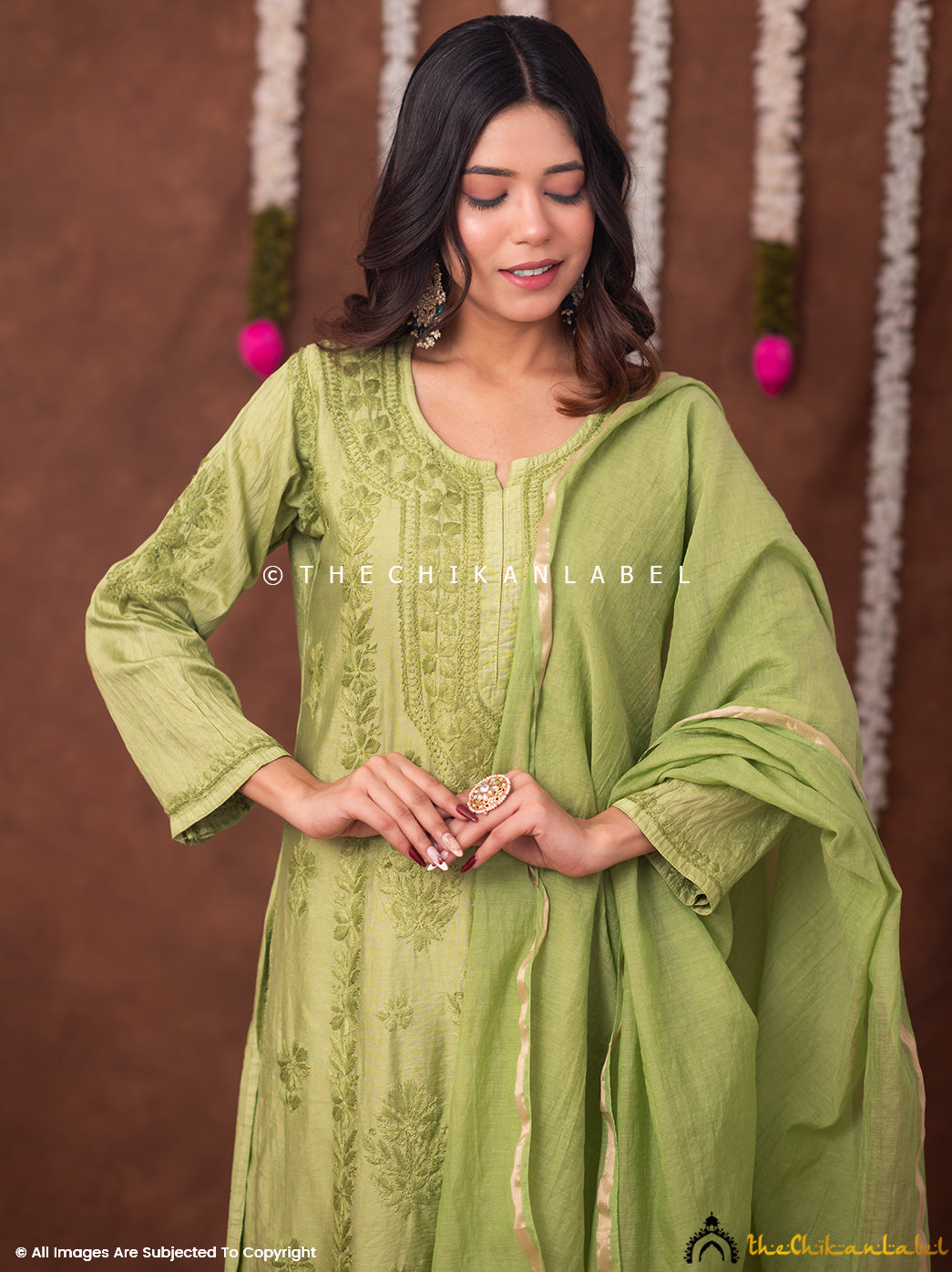 Navika Chanderi Chikankari Kurta Set with Dupatta - Green
