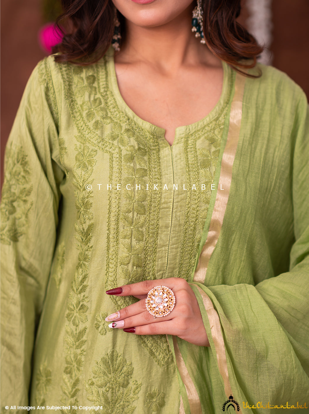 Navika Chanderi Chikankari Kurta Set with Dupatta - Green