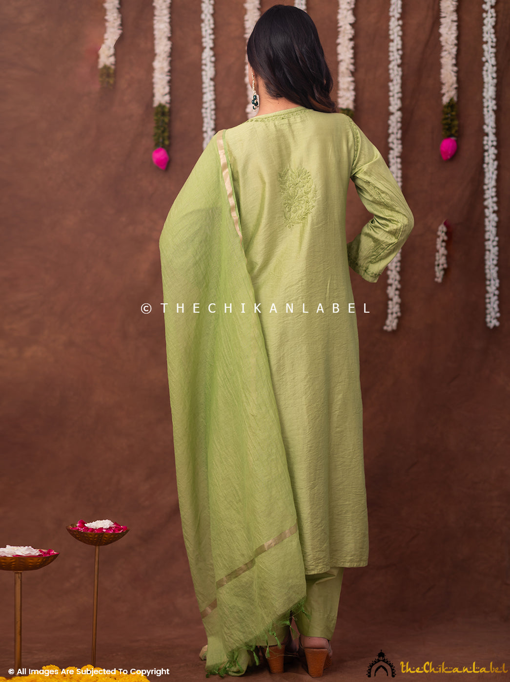 Navika Chanderi Chikankari Kurta Set with Dupatta - Green