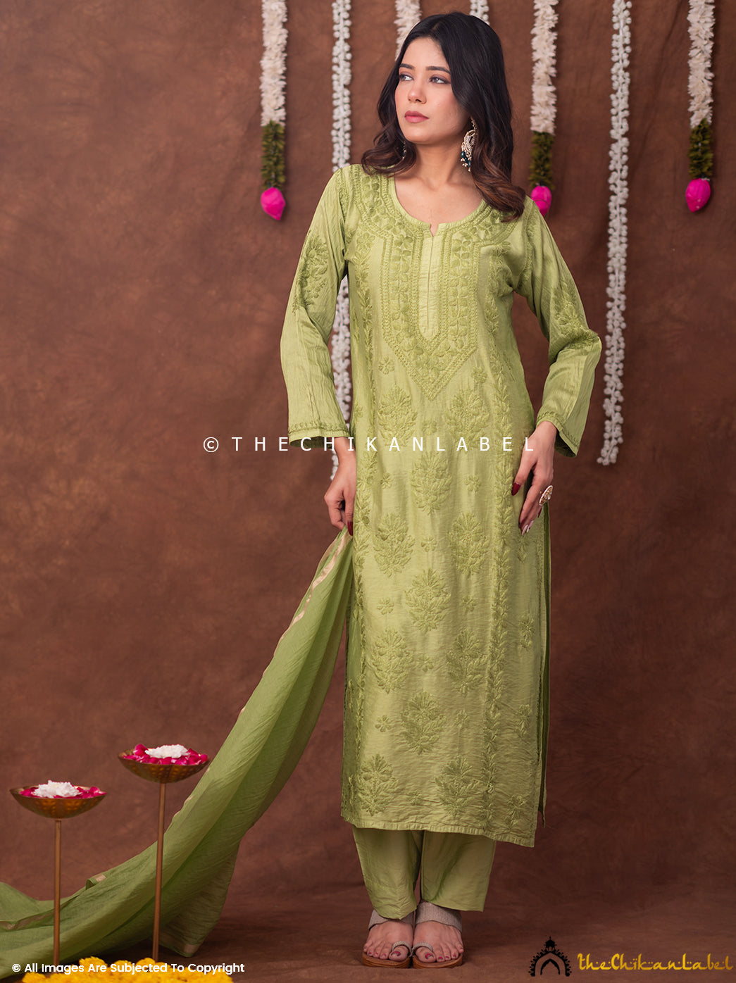 Navika Chanderi Chikankari Kurta Set with Dupatta - Green