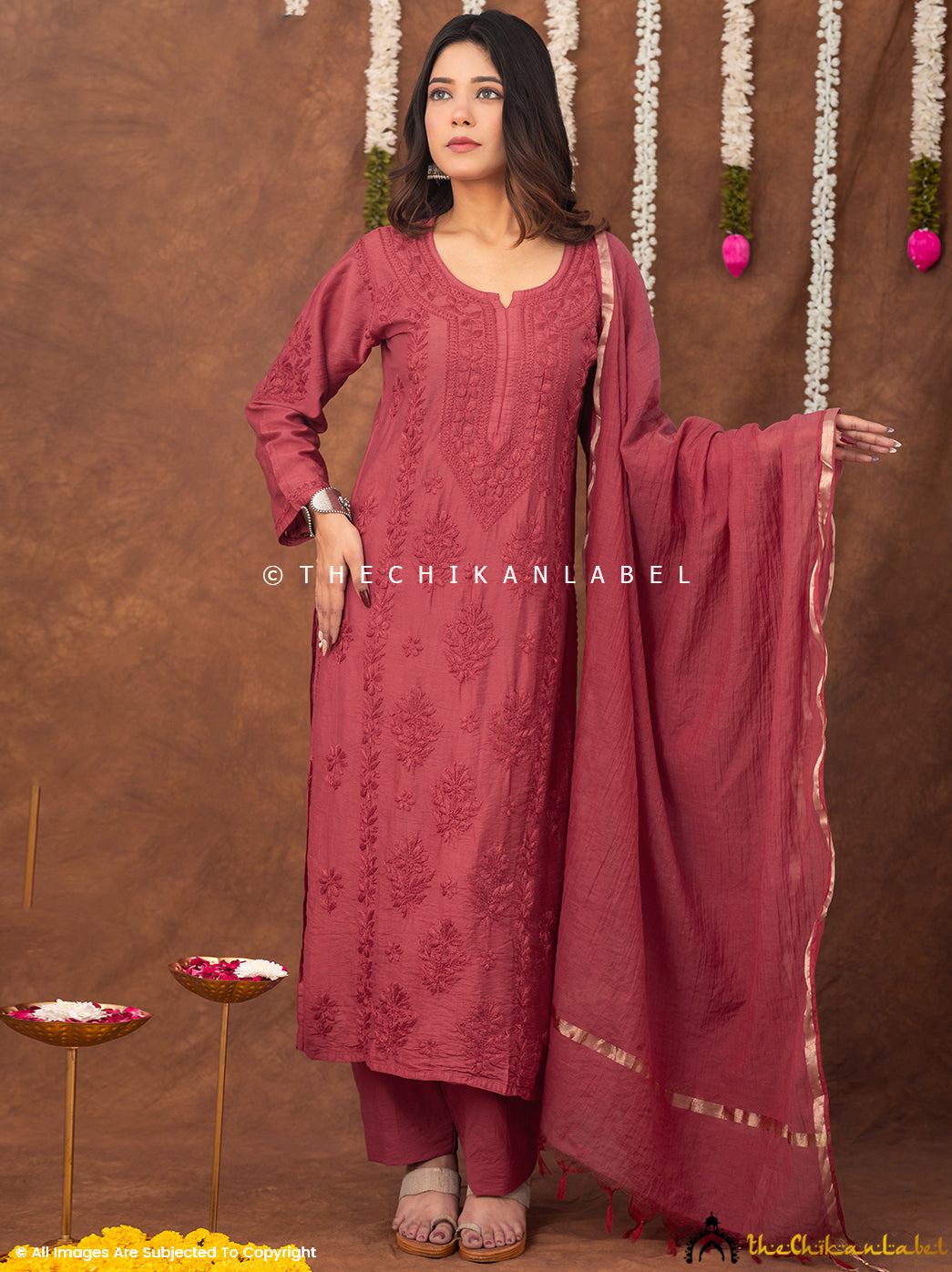 Navika Chanderi Chikankari Kurta Set with Dupatta - Maroon