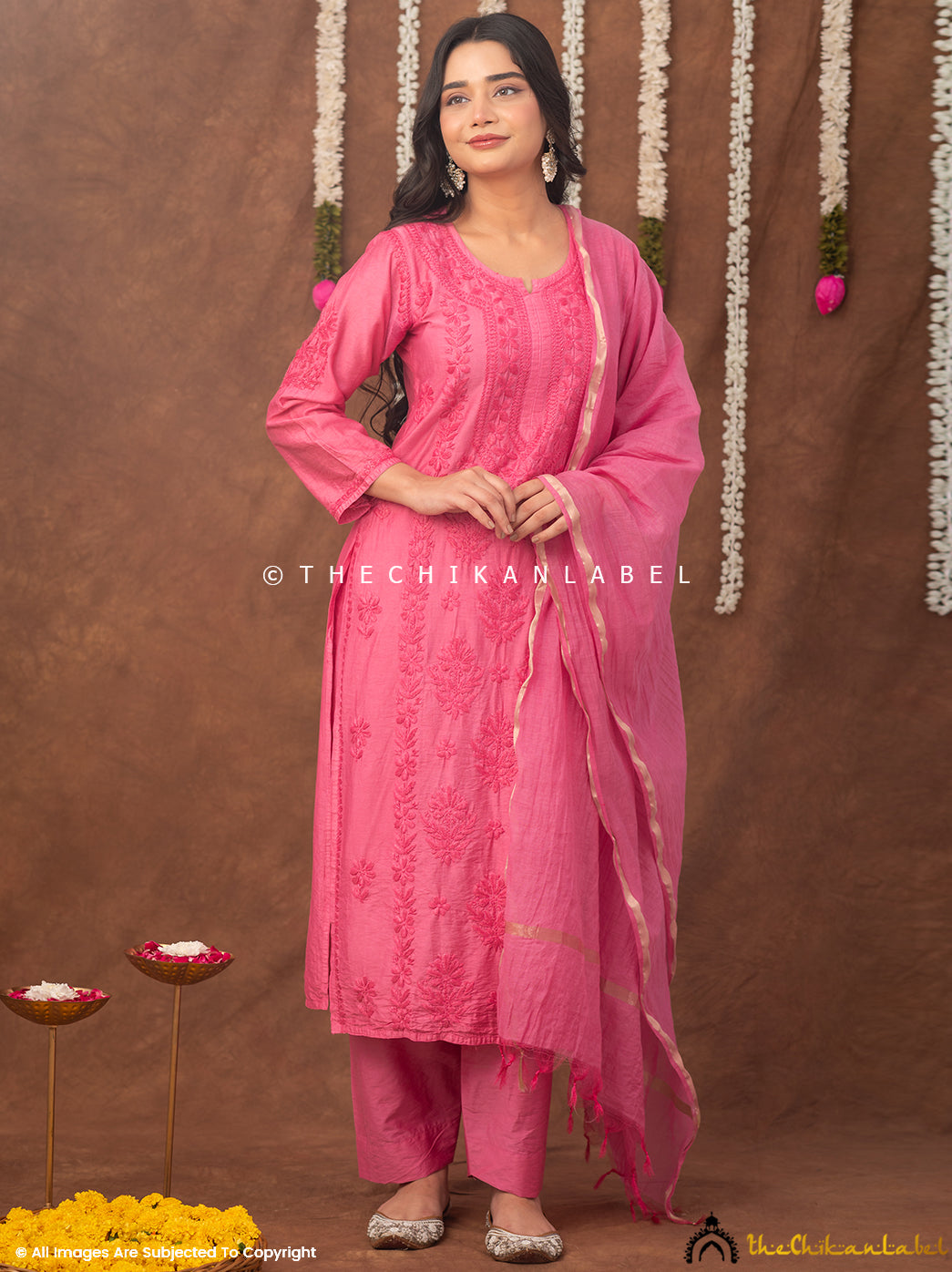 Navika Chanderi Chikankari Kurta Set with Dupatta - Pink