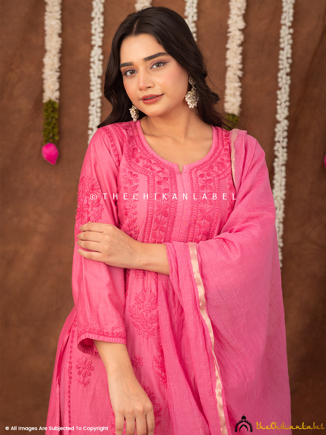 Navika Chanderi Chikankari Kurta Set with Dupatta - Pink