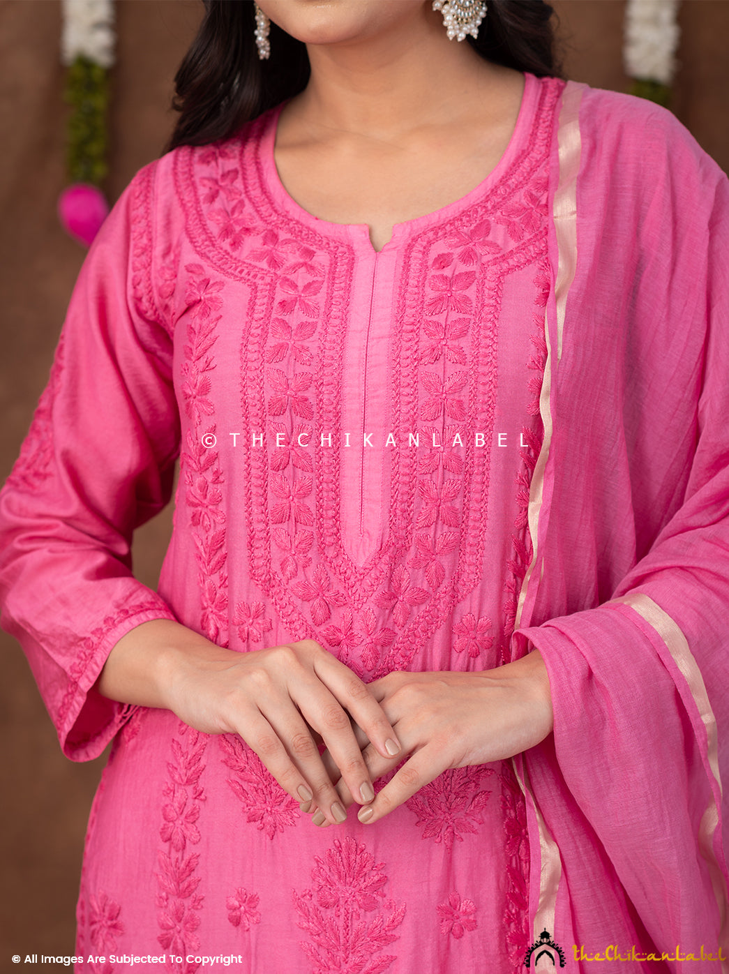 Navika Chanderi Chikankari Kurta Set with Dupatta - Pink