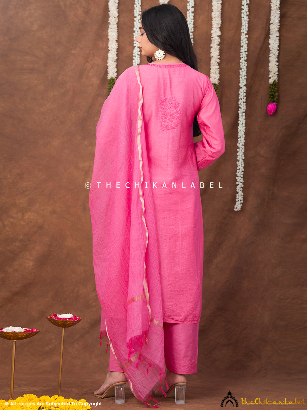 Navika Chanderi Chikankari Kurta Set with Dupatta - Pink