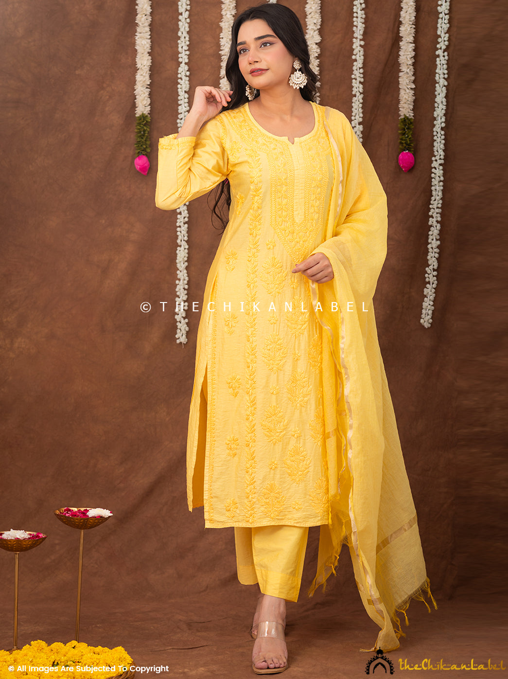Navika Chanderi Chikankari Kurta Set with Dupatta - Yellow