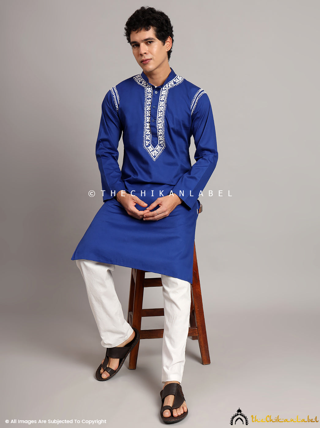 Navy Blue Uman Cotton Chikankari Men's Kurta