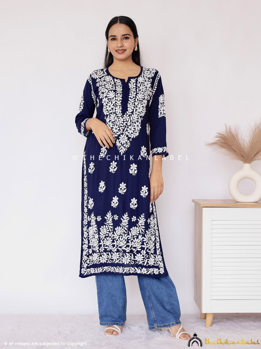 Navy Blue Aashi Modal Chikankari Straight Kurti