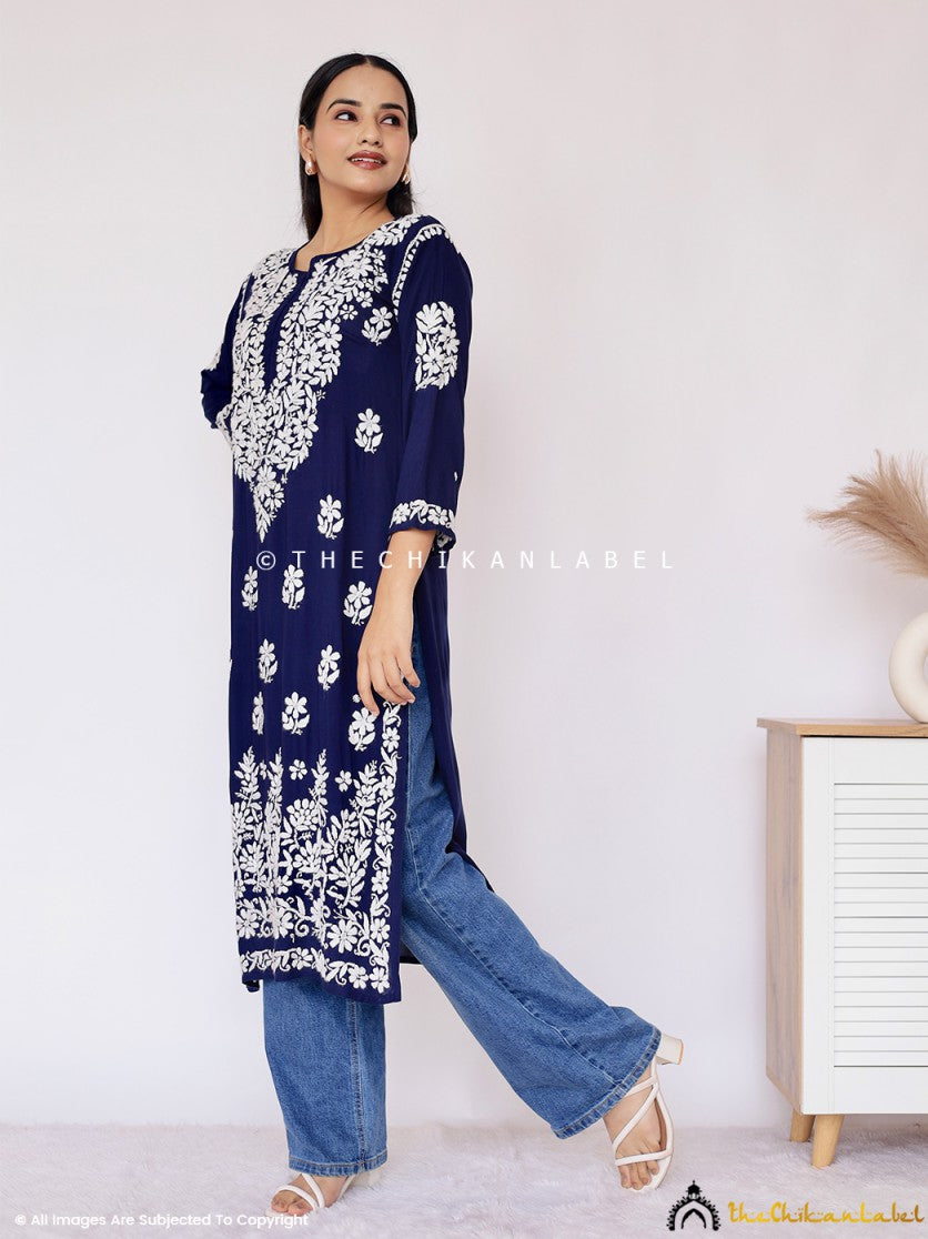 Navy Blue Aashi Modal Chikankari Straight Kurti