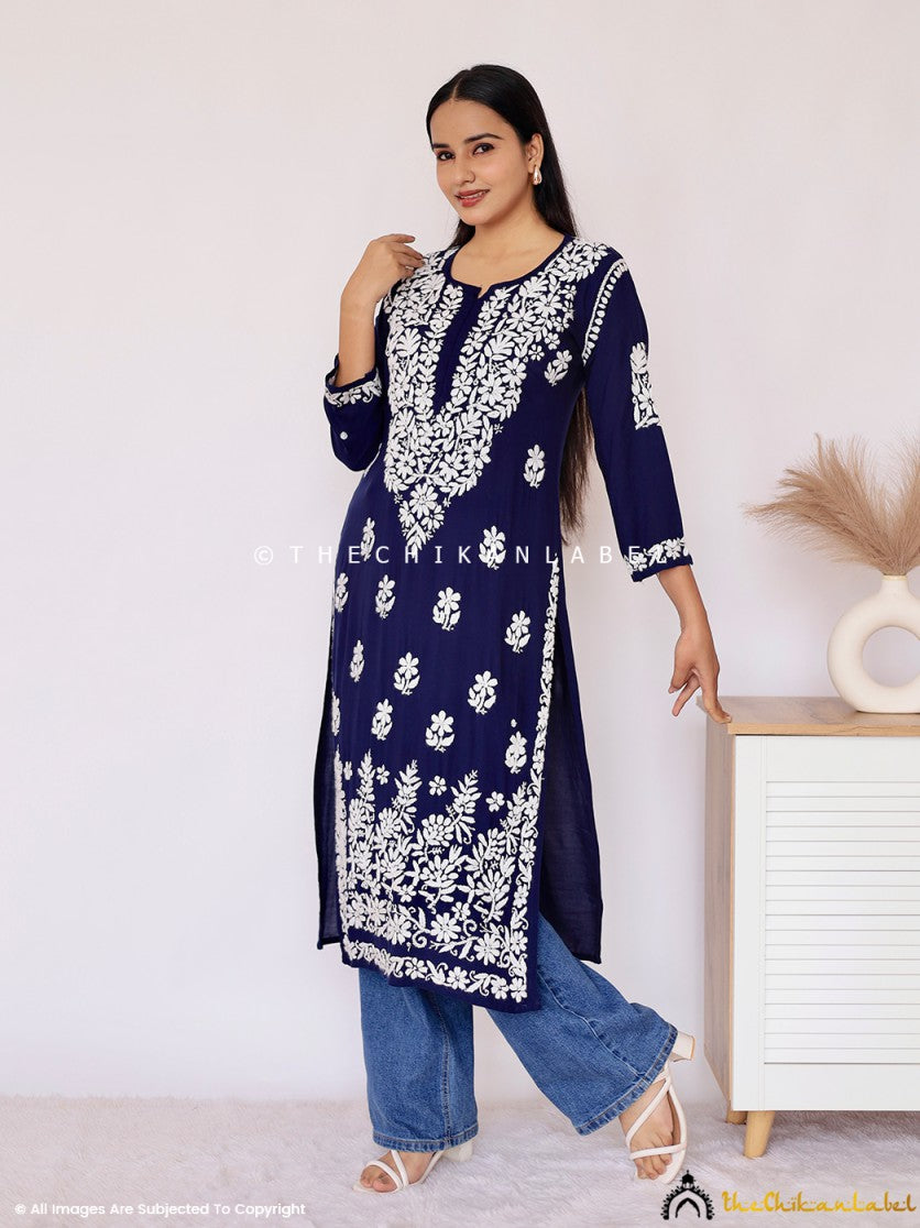 Navy Blue Aashi Modal Chikankari Straight Kurti