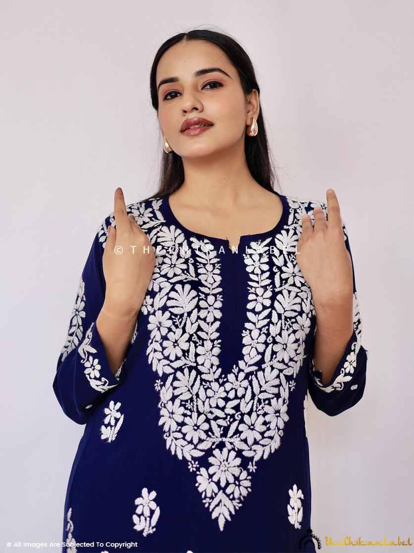 Navy Blue Aashi Modal Chikankari Straight Kurti