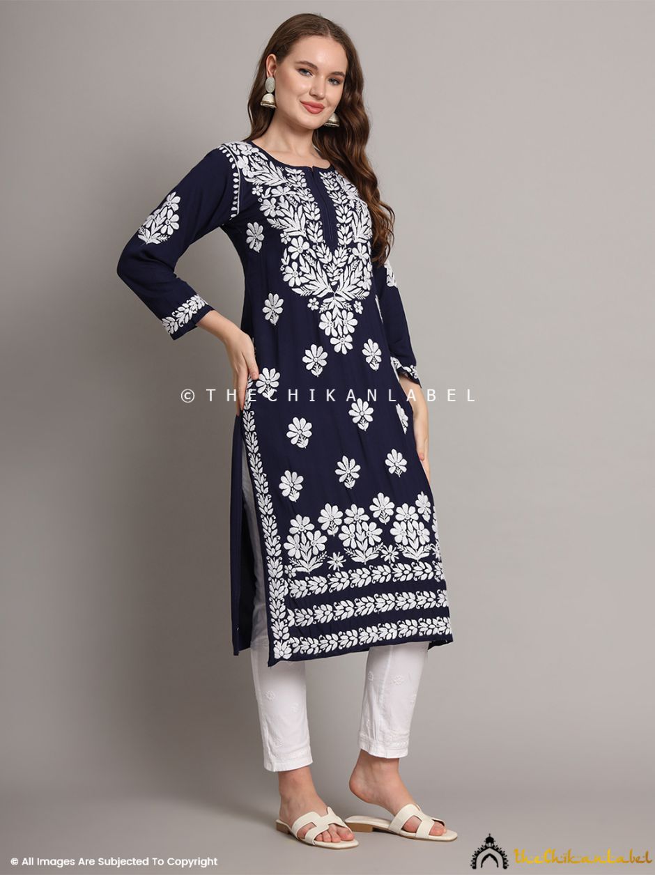 Navy Blue Aditi Modal Chikankari Straight Kurti