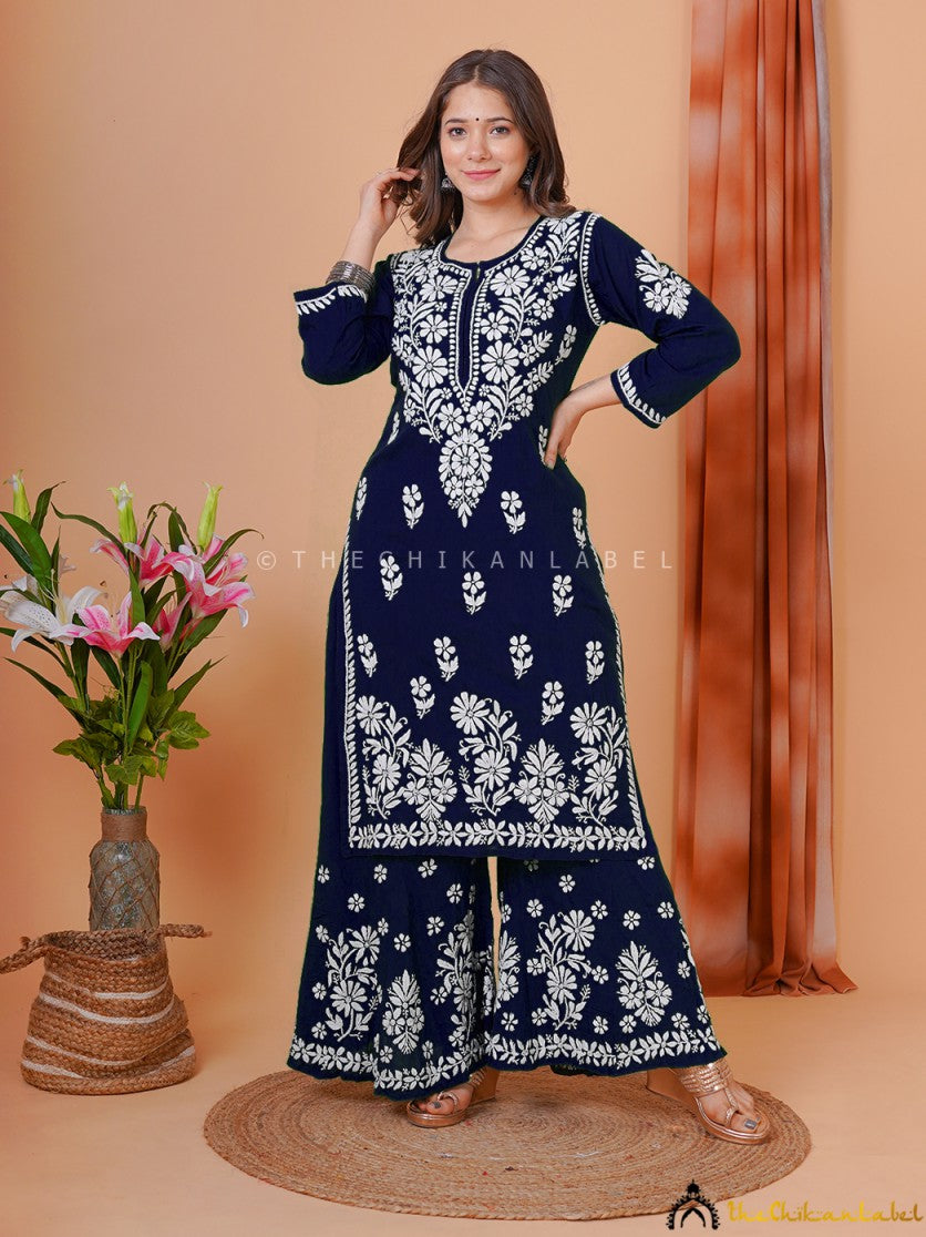 Navy Blue Modal Chikankari Kurti Palazzo Set