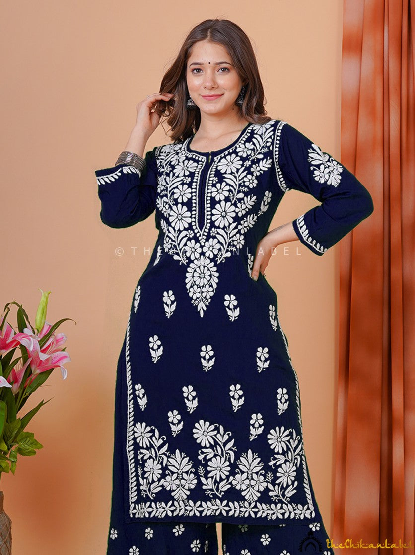 Navy Blue Modal Chikankari Kurti Palazzo Set