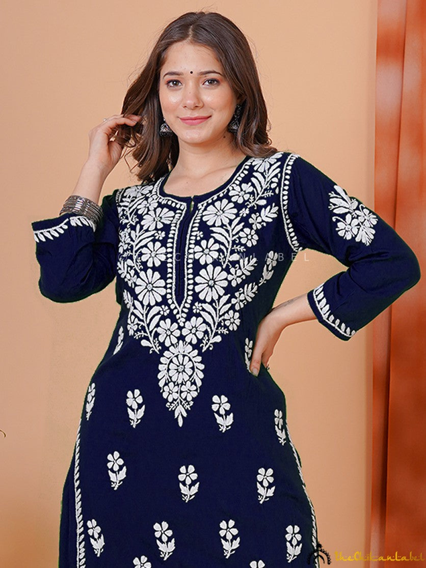 Navy Blue Modal Chikankari Kurti Palazzo Set