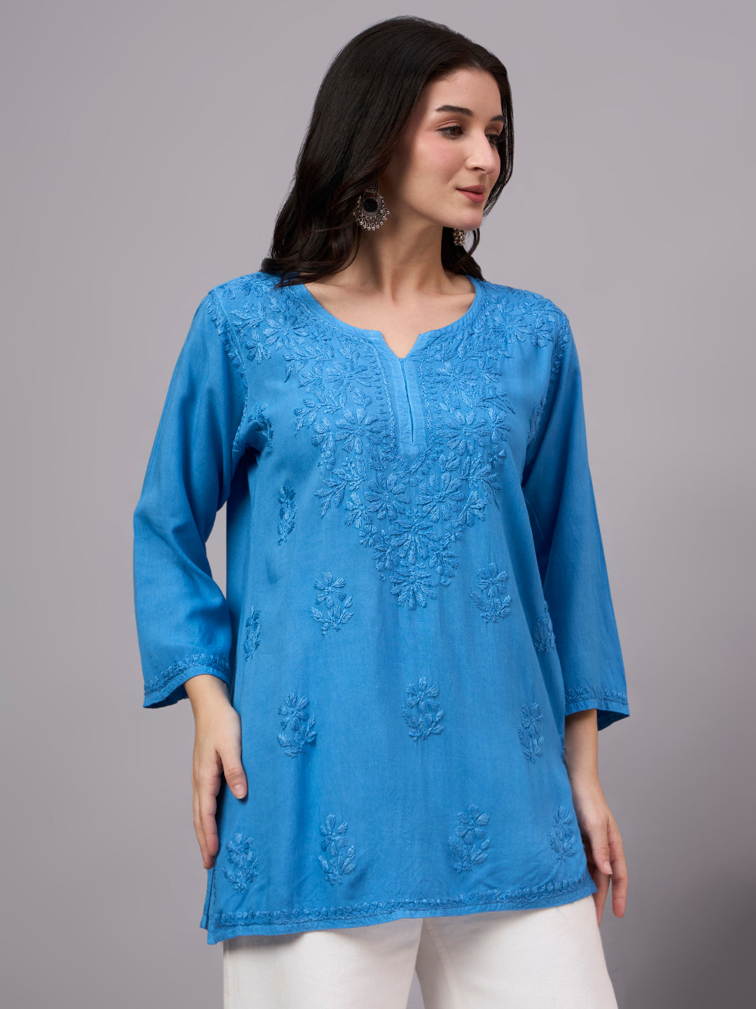 Rayon Short Kurta for women featuring beautiful Lucknowi Chikankari embroidery with premium handcrafted detailing and comfortable everyday ethnic styling