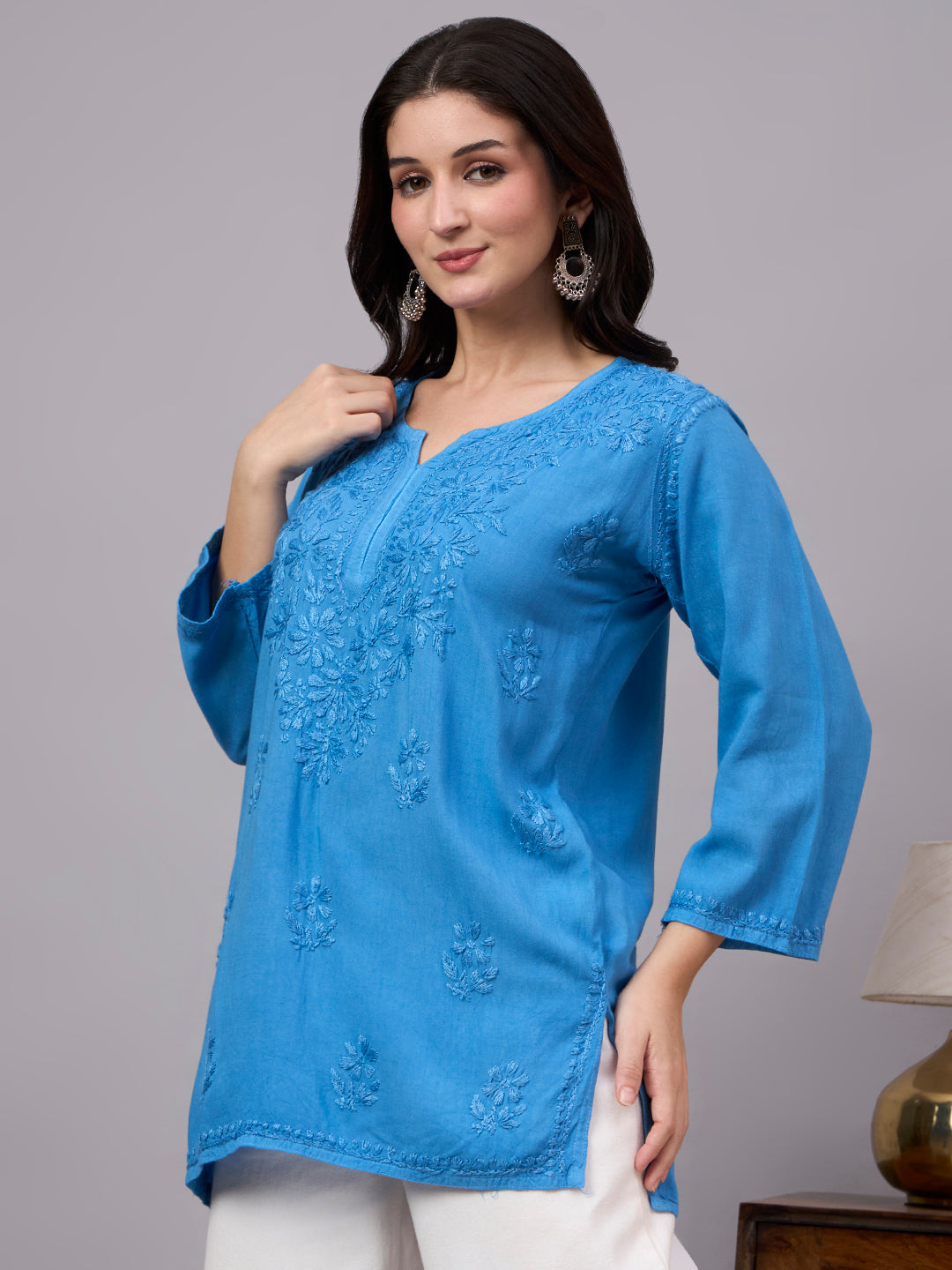 Elegant Rayon Short Kurta with detailed handcrafted embroidery on neckline, sleeves, and front panel for a timeless traditional look