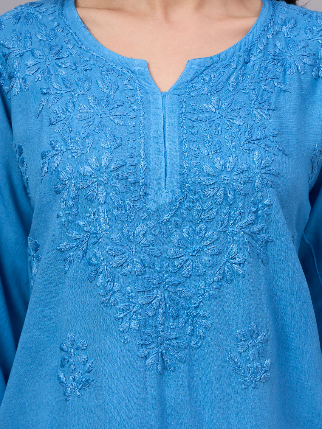 Premium rayon Chikankari top designed with elegant thread embroidery, soft breathable fabric, and modern short kurta silhouette for regular wear