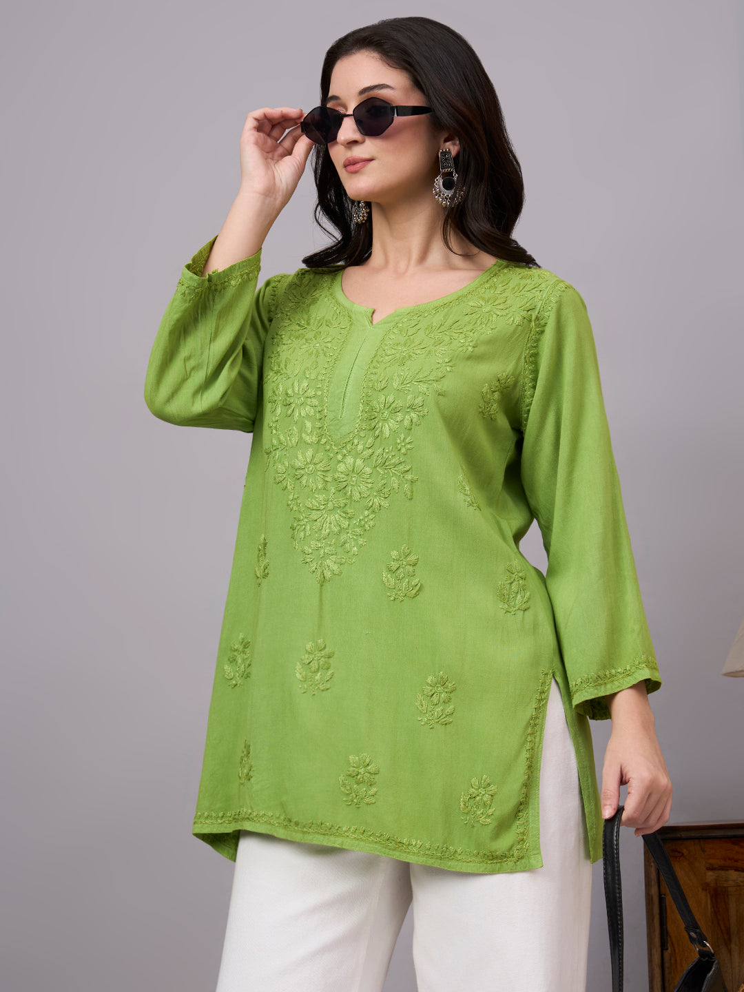 Lightweight comfortable regular wear kurta with traditional Chikankari artistry and fashionable short length style for effortless dressing