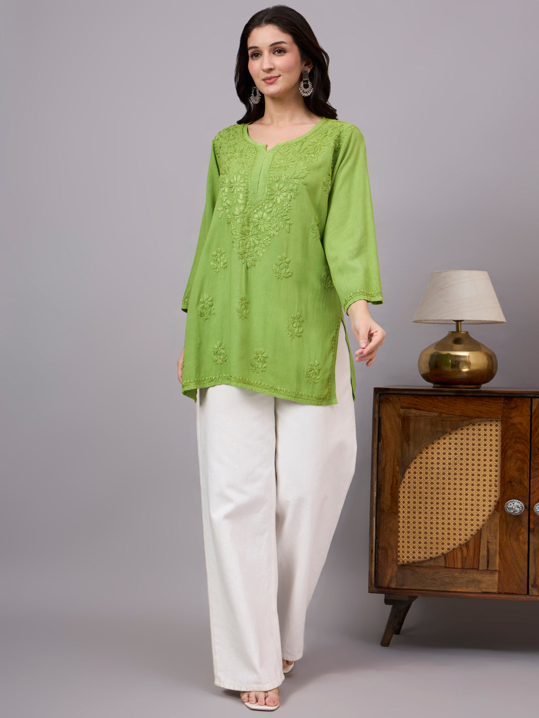 Stylish Rayon Short Kurta paired with ethnic bottoms featuring premium Lucknowi embroidery and comfortable fit for daily wear
