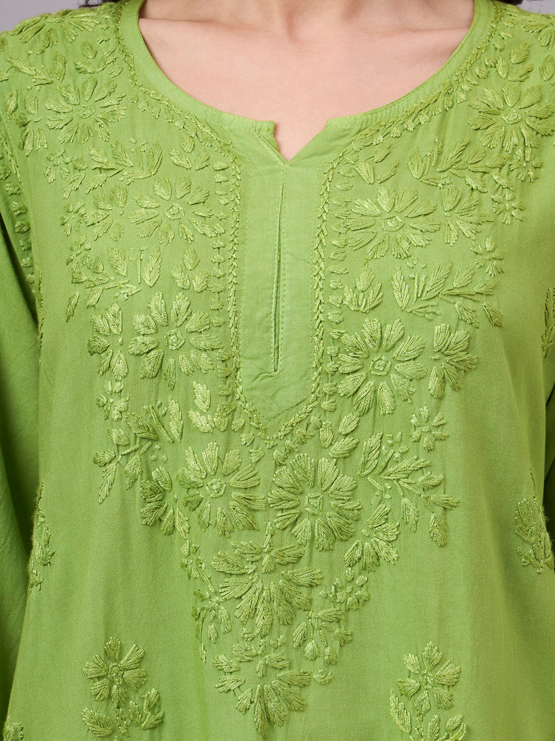 Designer short kurta for women showcasing Lucknowi-inspired Chikankari craftsmanship with comfortable fabric and modern ethnic styling