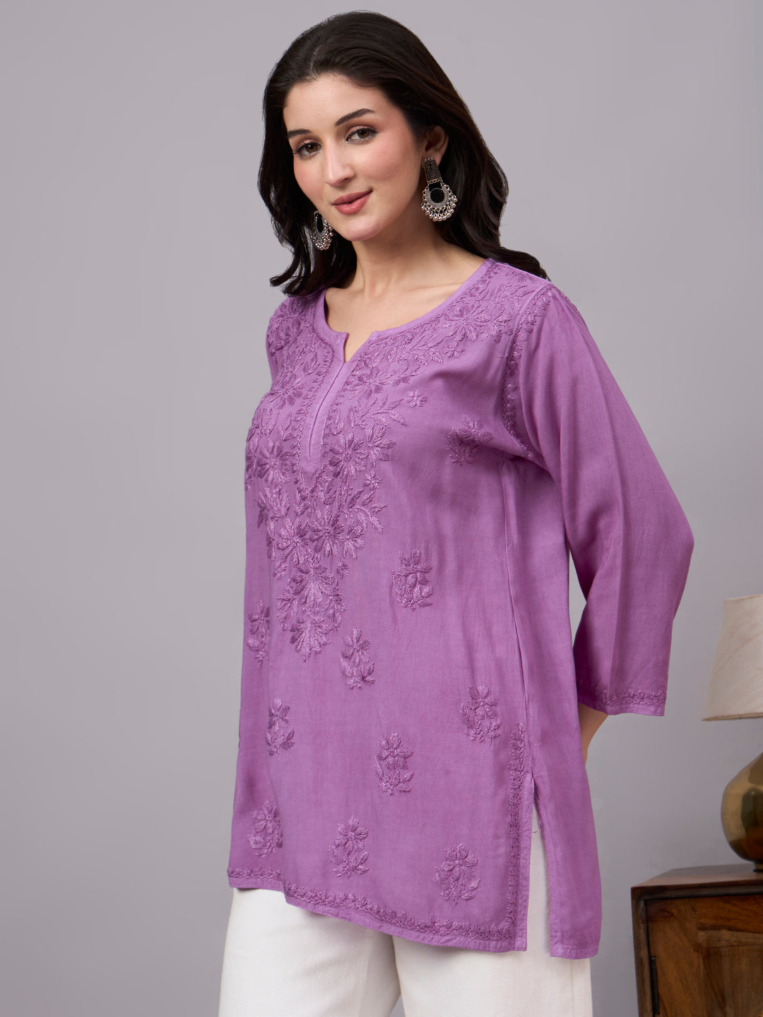 Trending short kurta for women featuring authentic Chikankari embroidery, premium rayon fabric, and contemporary ethnic wear design