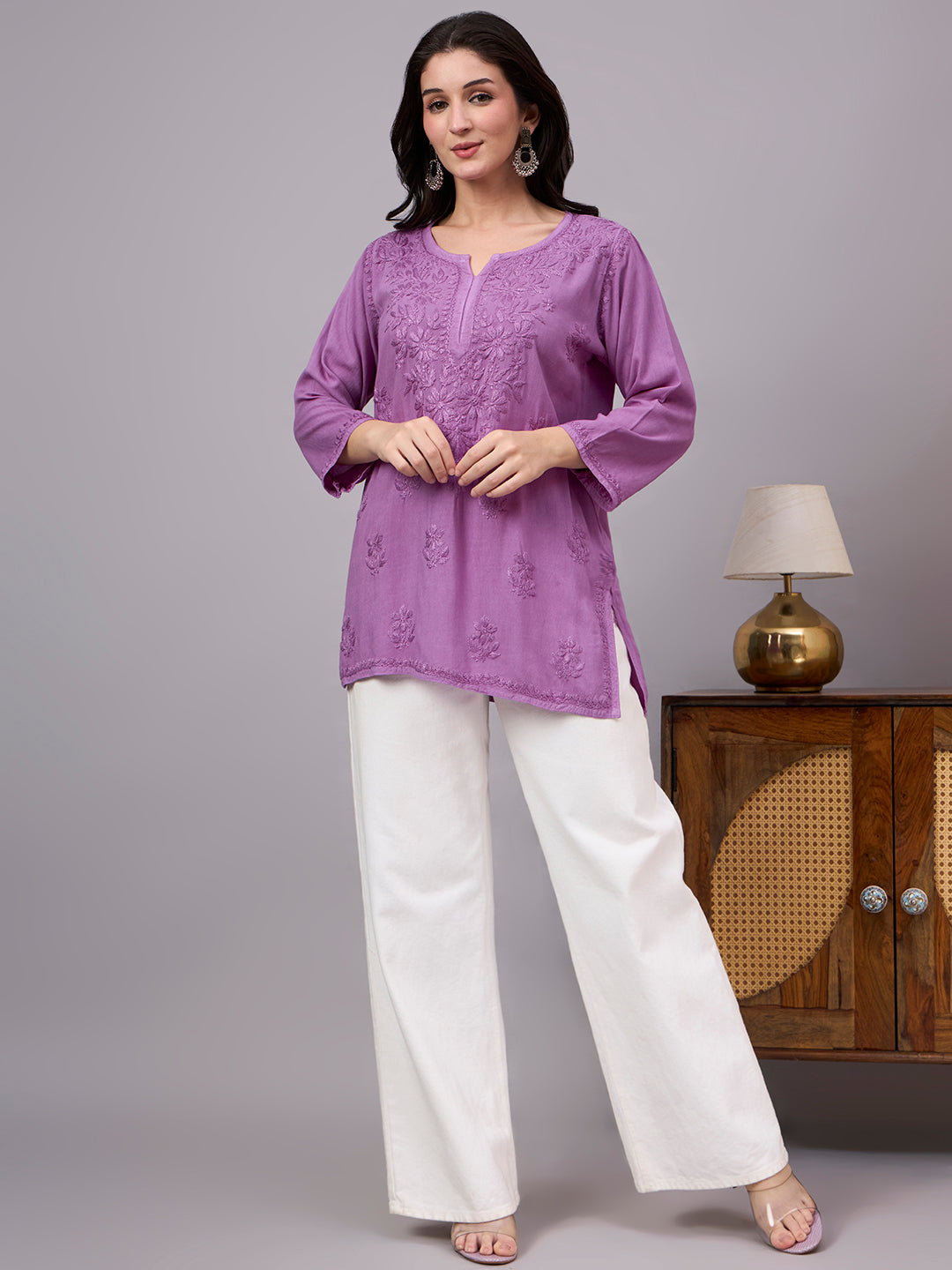 Elegant Rayon Short Kurta with detailed handcrafted embroidery on neckline, sleeves, and front panel for a timeless traditional look
