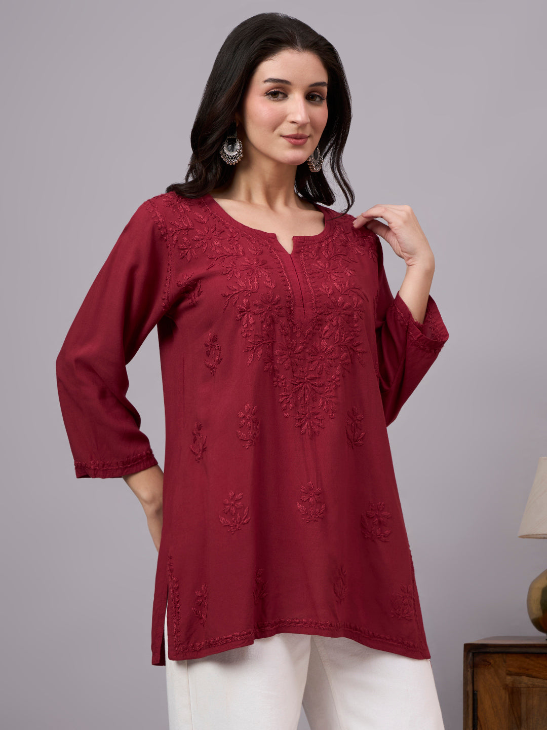 Premium Chikankari embroidered kurta featuring breathable rayon material, relaxed silhouette, and stylish regular wear ethnic fashion