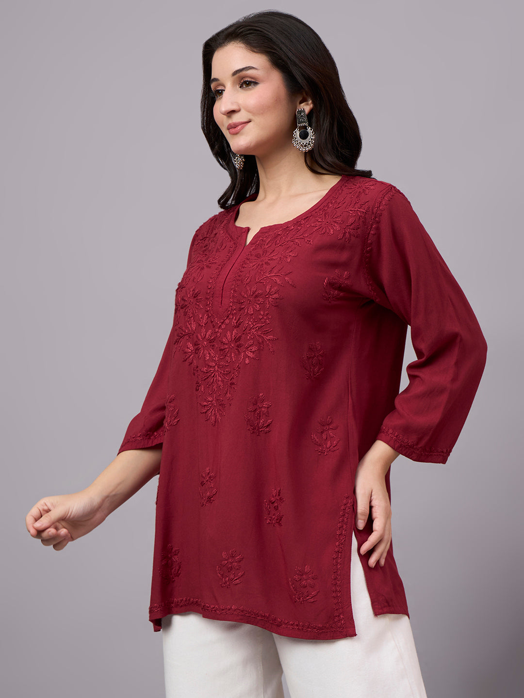Lightweight comfortable regular wear kurta with traditional Chikankari artistry and fashionable short length style for effortless dressing